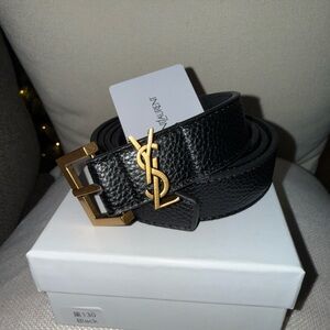Yves Saint Laurent Black Leather Belt with Gold Logo